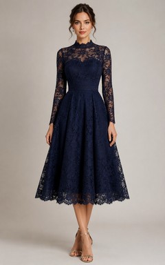 Dark Navy High Neck Long Sleeve Lace Tea-length A-Line Dress