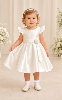 Short Sleeve Baptism Dress A-Line Satin Jewel Neck Waist Flower Bow Back