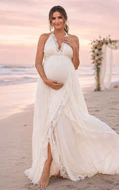 Vestido de novia de playa con escote halter y abertura frontal para embarazadas