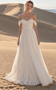 Schlichtes schulterfreies Brautkleid mit herzförmigem Dekolleté und gerafftem Oberteil in A-Linie