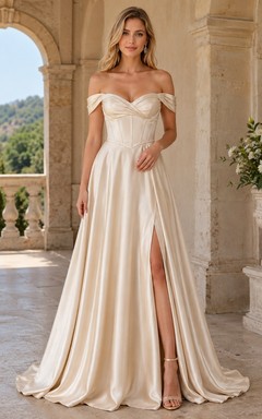 Robe sirène longue fendue sur le côté, sans manches, en satin champagne, épaules dénudées