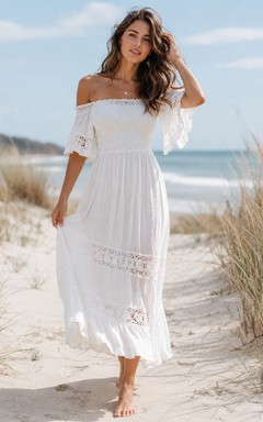 Boho White Off-Shoulder Ruffle Sleeve Tiered A-Line Ankle-Length Casual Beach Dress