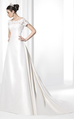 Bateau-Neck Short-Sleeve Satin Wedding Dress With Lace
