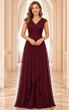 Burgundy Lace V-Neck Short Sleeve Tiered Formal Dress