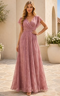 Vestido de noche formal largo hasta el suelo, de gasa rosa empolvado con escote en V y mangas acampanadas, corte en A.