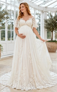 Maternity Wedding Dress Sweetheart Flutter Lace Sleeve Formal Bridal Gown with Train
