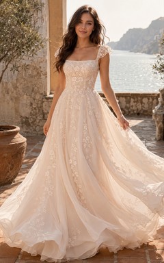 Blush Tulle Embroidered Mediterranean Coast A Line Gown