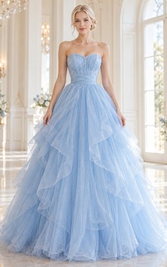 Robe de bal bleu ciel féerique sans bretelles, décolleté cœur, plissée à volants en tulle
