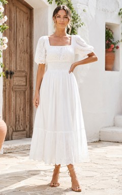 Simple Boho Square Neck Puff Sleeve Lace Tea-Length A-Line Wedding Dress