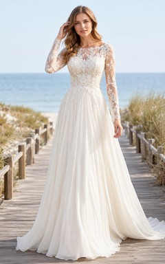 Robe de mariée romantique de plage, longue, décolletée, en mousseline, coupe trapèze, manches illusion, dentelle, traîne chapelle, manches longues, dentelle illusion, coupe trapèze.