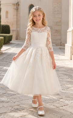 Robe de communion bateau en tulle à manches trois-quarts en dentelle et manches trois-quarts, longueur cheville