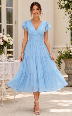 Sky Blue V-neck Flutter Sleeve Tiered Chiffon Dress