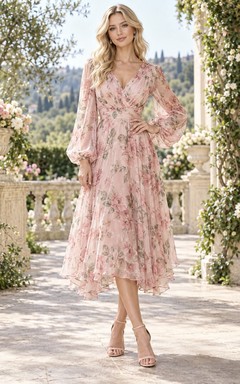 Vestido de fiesta de gasa color rosa empolvado con estampado floral en acuarela, escote en V y mangas abullonadas, largo hasta la rodilla, corte en A.