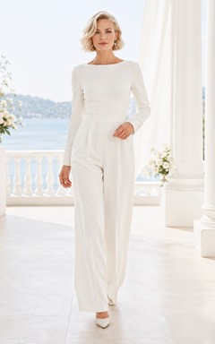 Weißer Satin-Hochzeitsjumpsuit mit langen Ärmeln und Bateau-Ausschnitt