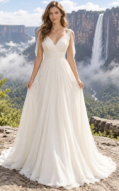 Vestido de novia de gasa con escote en V, tirantes drapeados y falda amplia en línea A.