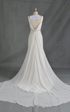 Robe trapèze plissée en mousseline sans manches à col en V ornée de cristaux