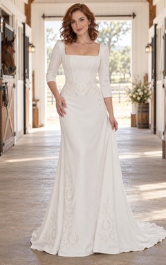 Western Country Square Neck Sheath Wedding Dress with Three Quarter Sleeves and Horseshoe Embroidery