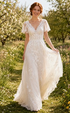 Flutter Sleeve Lace A Line Orchard Garden Bridal Gown