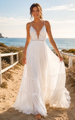 Boho Spaghetti Deep V Lace Tiered Chiffon A Line Sweep Beach Wedding Dress