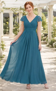 Robe de demoiselle d'honneur modeste en mousseline de soie bleu sarcelle, col en V, manches courtes, coupe trapèze, longueur au sol