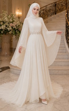 Vestido de novia sencillo musulmán de gasa con mangas tipo capa y cuello alto, corte en A