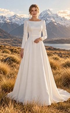 Einfaches Brautkleid mit U-Boot-Ausschnitt, langen Ärmeln, fließender A-Linie und Schleppe