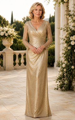 MOB Kleid Gold Stretch Satin Etuikleid Langarm V-Ausschnitt Bodenlang Gerafft