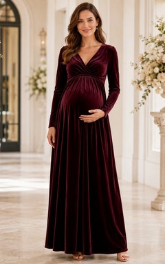 Vestido de maternidad de terciopelo burdeos con cuello en V y manga larga estilo imperio para invitadas