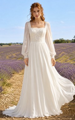 Vestido de novia bohemio de gasa con cuello cuadrado y manga larga