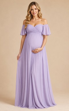 Lavender Maternity Off-Shoulder A-Line Floor-Length Short-Sleeve Chiffon Romantic Evening Gown