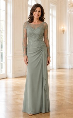 MOB Dress Sage Chiffon Lace Sheath Long Sleeve Bateau Neck Floor Length Ruched