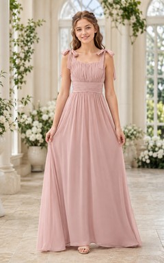 Perlmuttrosa Brautjungfernkleid, A-Linie, eckige Schulterpartie, ärmellos, Schleifen