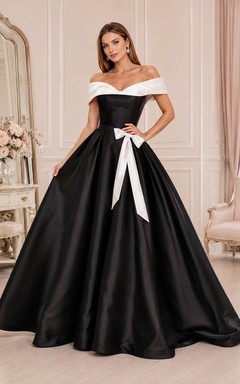 Vintage Black White Satin Ball Gown Floor-Length Off-Shoulder Bow Back Formal Dress