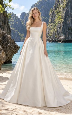 Einfaches Brautkleid aus Satin mit eckigem Ausschnitt, breiten Trägern und A-Linien-Form