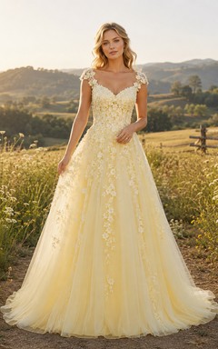 Yellow Floral Applique Countryside Meadow A Line Bridal Gown
