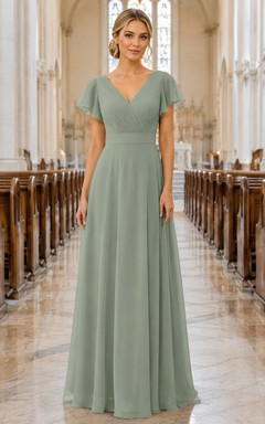 Church Ceremony Formal Sage Simple Elegant A-Line Chiffon Bridesmaid Dress with V-Neck Short Sleeve Floor-Length Low Back