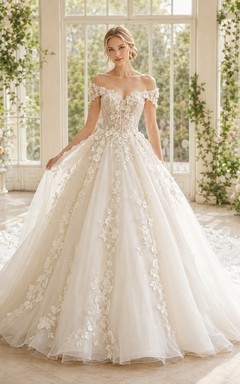 Robe de bal en dentelle florale à épaules dénudées, robe de mariée luxueuse avec traîne cathédrale