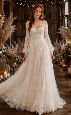 Long Sleeve Lace Rustic Barn Train Bridal Gown