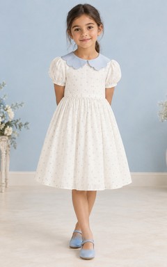 Modest Ivory Blue Dotted Tea-length Broad Collar Rounded Puff Sleeve Flower Girl Dress