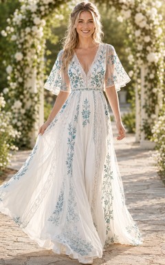Türkisfarbenes Chiffon-Hochzeitskleid im Boho-Stil mit floralem Muster, V-Ausschnitt, flatternden Ärmeln und Gartenmotiv