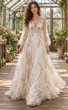 Boho Floral V-neck Long Poet Sleeve Tulle Wedding Dress