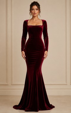 Robe de soirée en velours bordeaux, robe sirène carrée à traîne plissée
