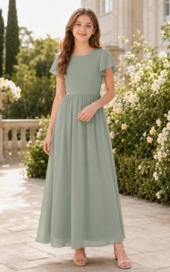 Celadonfarbenes Brautjungfernkleid für junge Damen, A-Linie, Rundhalsausschnitt, kurze Blütenblattärmel, Chiffon, schlicht