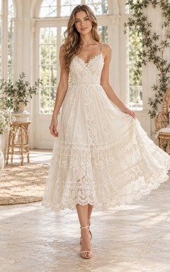 Boho Tea-length Spaghetti Strap V-neck Tiered Lace Wedding Dress