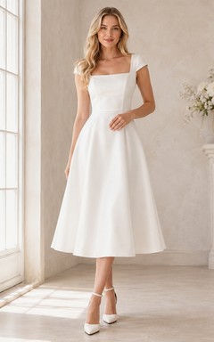Vestido sencillo blanco de corte A con escote cuadrado y mangas cortas, largo hasta la rodilla.