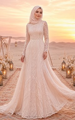 Boho-Hochzeitskleid aus muslimischer Spitze mit langen Ärmeln und A-Linien-Schnitt