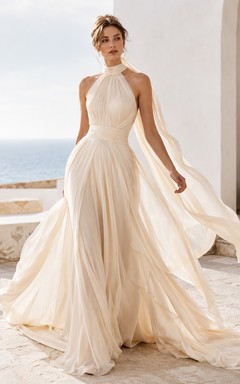 Robe de mariée moderne en mousseline de soie, coupe trapèze, dos nu et traîne courte, avec cape et dos nu