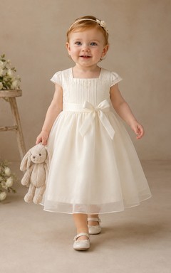 Square Neck Baptism Dress A-Line Tulle Lace Short Sleeve Bow Back