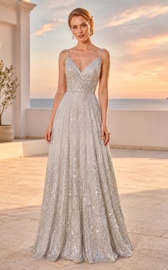 Evening Gown Silver Sequin Tulle A-Line V-Neck Sleeveless Floor Length