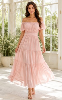Rosafarbenes, schulterfreies, kurzärmeliges, gestuftes Chiffonkleid in Teelänge – romantisches Gartenkleid